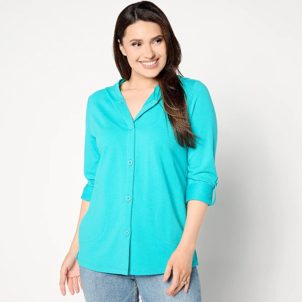Denim & Co. French Terry Roll Tab Sleeve Hooded Jacket - Aqua (Sz L) a643843
